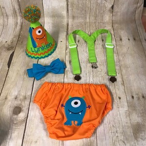 Monster Cake Smash Outfit for Boys, Diaper Cover Bow Tie Suspenders Birthday Hat & Personalized Monster Shirt First 1st Birthday Embroidered