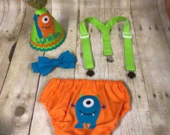 Monster Cake Smash Outfit for Boys, Diaper Cover Bow Tie Suspenders Birthday Hat & Personalized Monster Shirt First 1st Birthday Embroidered