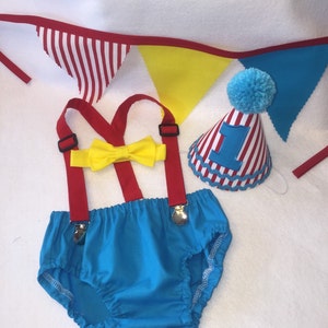 Boys Cake Smash Outfit, Circus Birthday Outfit, Carnival Birthday Outfit, Diaper Cover Bow Tie Suspenders Birthday Hat, First Birthday image 5