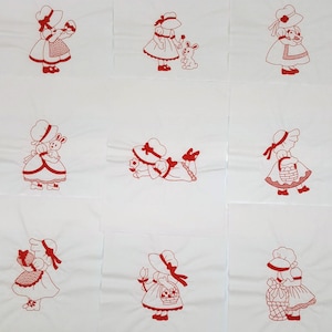 Quilt Blocks- Easter Redwork Sunbonnet Sue 13&quot; x 16&quot; Embroidered Quilt Blocks