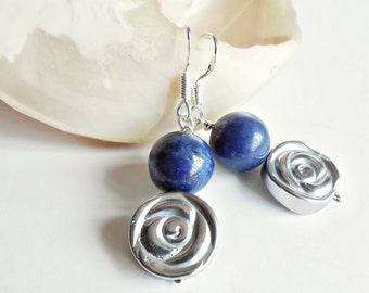 Lapis Lazuli earrings, 925 sterling Silver earrings, silver Hematite Flowers