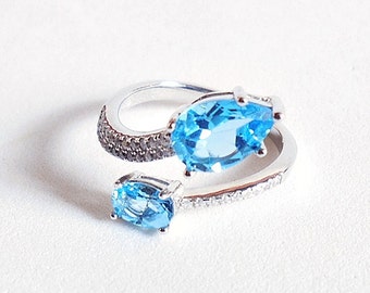 Natuurlijk blauw Topaas & CZ ring 925 sterling Zilver en wit Goud