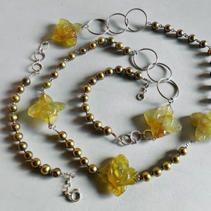 Exclusive flowers Korean Jade necklace, bronze Pearls and 925 sterling Silver
