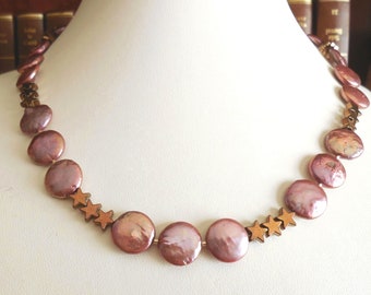 Coppery Coin Pearl necklace, stars and Gold Filled