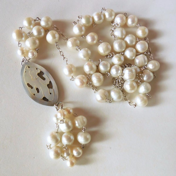 Extra long necklace freshwater Pearl and 925 sterling Silver with waterfall pearls