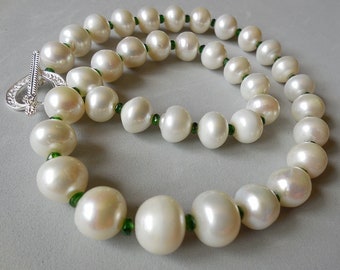 Large Pearls necklace with Chrome Diopside and 925 sterling Silver