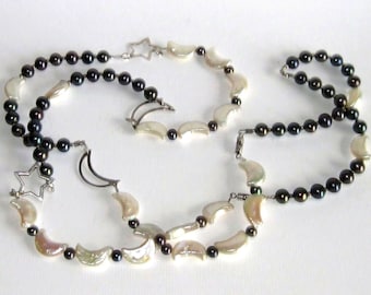 Unique necklace Pearls and 925 sterling Silver with moons and stars