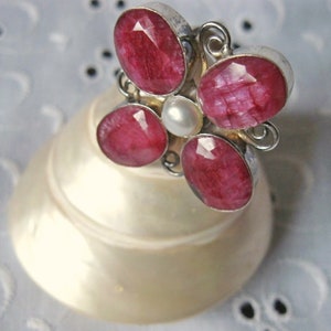 Ruby flower ring, Pearl Flower ring, 925 sterling Silver ring