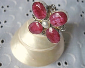 Ruby flower ring, Pearl Flower ring, 925 sterling Silver ring