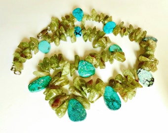 Grossular green Garnet, Turquoise and 925 sterling Silver necklace