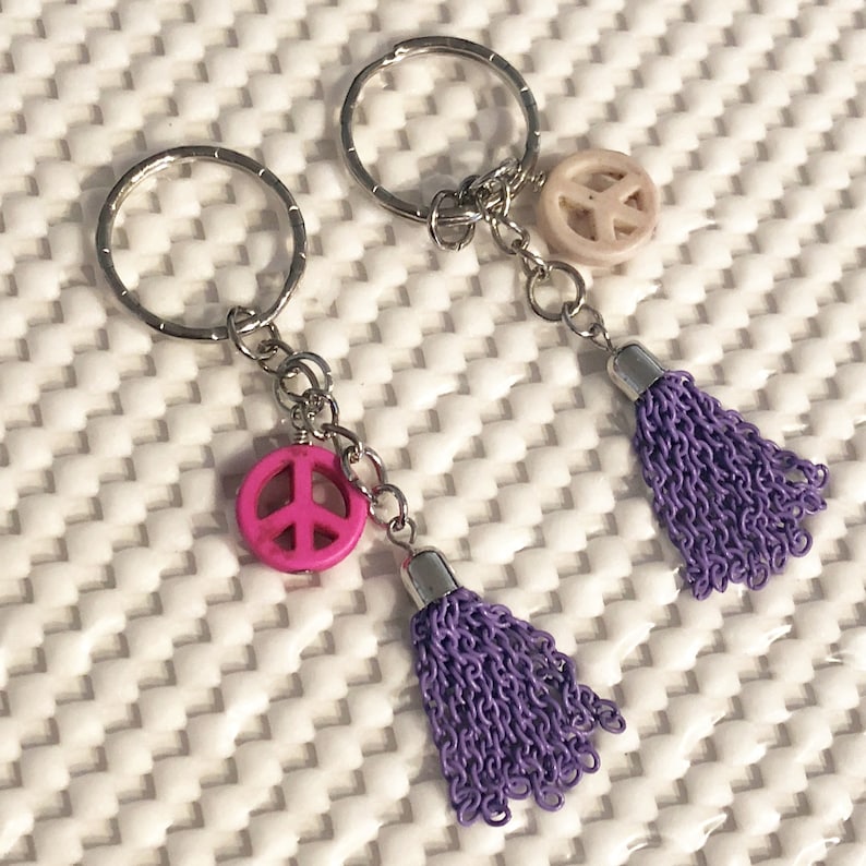 Tassel and Peace Sign Keychain Purple Keychain Peace image 0