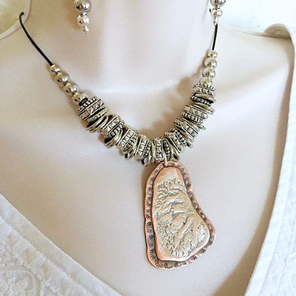 Reticulated Sterling Silver and Copper necklace set,  Copper stamped necklace, Women's Jewelry, Arizona Mountain necklace set