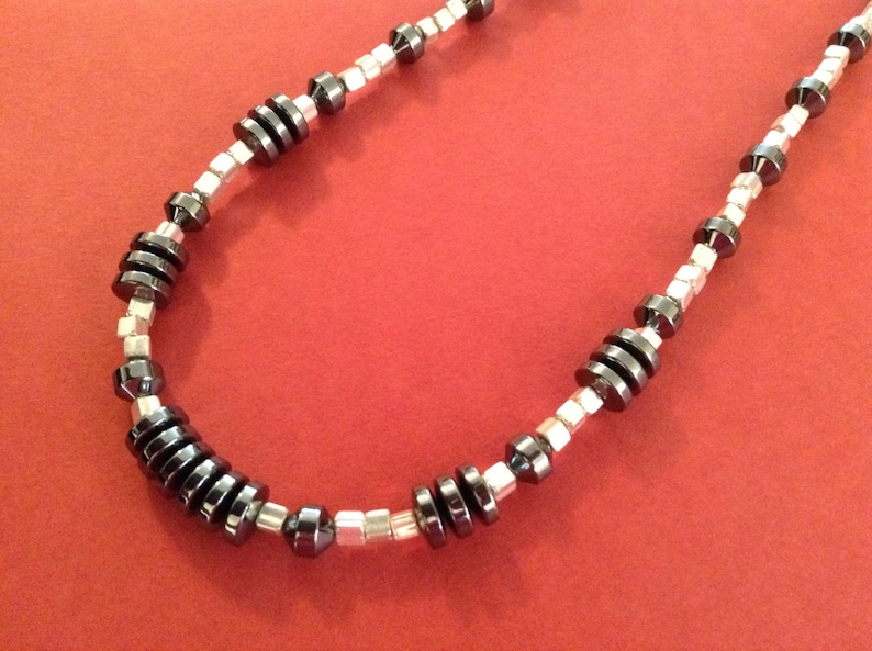 Men's Hematite Black and Silver Necklace Gift for Him image 0