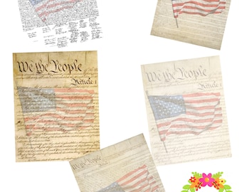 May include: A digital collage of vintage-style images featuring the text "We the People" and the American flag. The images are printed on a textured, aged paper background. The collage is perfect for patriotic decor or scrapbooking.