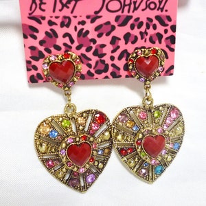 Betsey Johnson Heart Earrings Red & Rainbow Crystals w/ Antiqued Gold Tone Drop Gold Plate NOS NWT Perfect Cond Free Shipping M1305