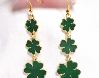 Betsey Johnson 4 Leaf Clover Triple Drop Earrings Shamrock St Patrick's Day Emerald Green Enamel 2 1/2" NOS NWT Perfect Cond Free Ship M1316
