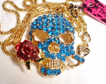 Betsey Johnson Sugar Skull Necklace Red Rose in Mouth Aqua / Blue Crystals, Enamel & Gold Plate NOS NWT Perfect Cond Free Shipping M1166