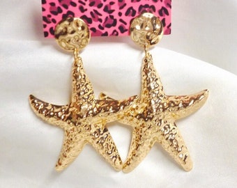 Betsey Johnson Starfish Drop Earrings Gold Tone Hammered Metal 2 3/4" NOS NWT Perfect Cond FREE Shipping M1347