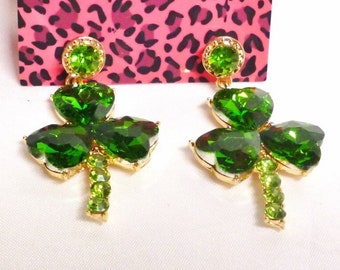 RARE Betsey Johnson Clover Drop Earrings St Patrick's Day Shamrock Emerald Green Crystals 2" NOS NWT Perfect Cond Free Shipping M1339