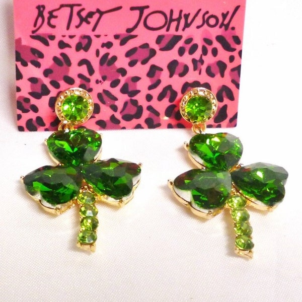 RARE Betsey Johnson Clover Drop Earrings St Patrick's Day Shamrock Emerald Green Crystals 2" NOS NWT Perfect Cond Free Shipping M1339