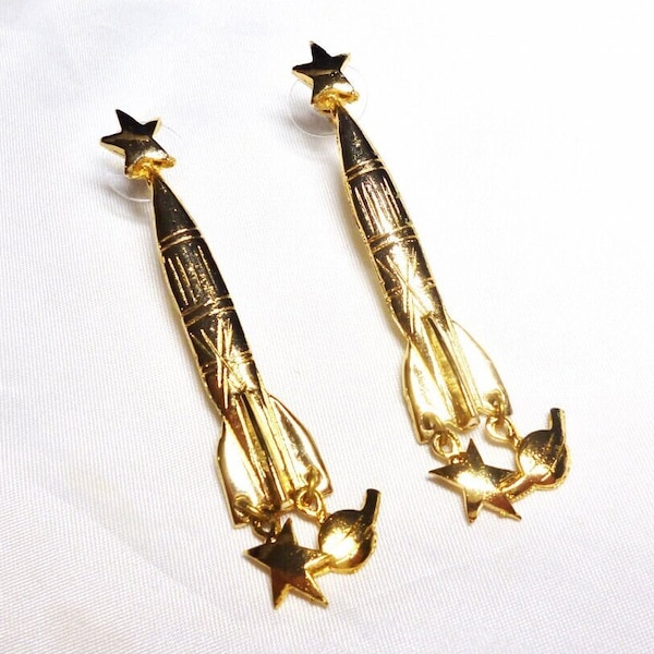 UltraCraft Rocket Ship Earrings Gold Plate 2 5/8" Pierced Vintage 1980s Perfect Condition FREE Shipping 23596