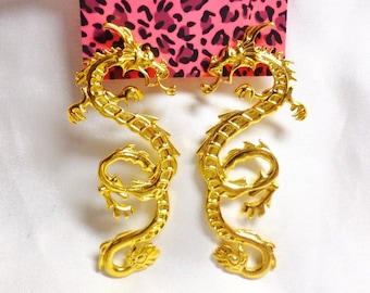 Betsey Johnson Dragon Earrings Gold Plated NOS NWT Perfect Cond FREE Shipping M1374