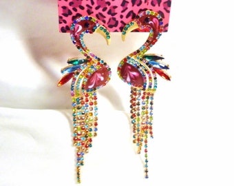 RARE Betsey Johnson Crystal Flamingo Drop Earrings Rainbow Pink Bird Tropical 4" Long NOS NWT Perfect Cond Free Shipping M1290