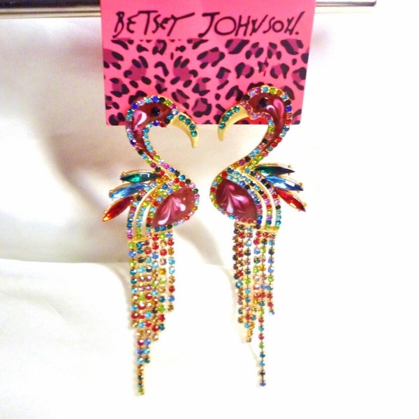 RARE Betsey Johnson Crystal Flamingo Drop Earrings Rainbow Pink Bird Tropical 4" Long NOS NWT Perfect Cond Free Shipping M1290