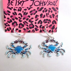 RARE Betsey Johnson Crab Earrings Blue Enamel & Red Crystals Dangles New On Card Lever Backs NOS NWT Perfect Cond Free Shipping M1333