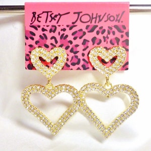 Betsey Johnson Double Heart Earrings Clear Crystals & Gold Plate Love NOS NWT Perfect Cond Free Shipping M1307