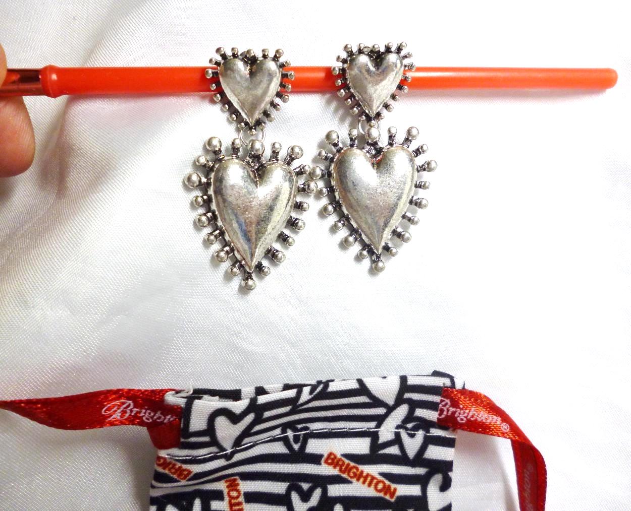 Brighton Heart Shaped Dangle Earrings 2" in Dust Bag Perfect Condition EUC FREE Shipping 30222