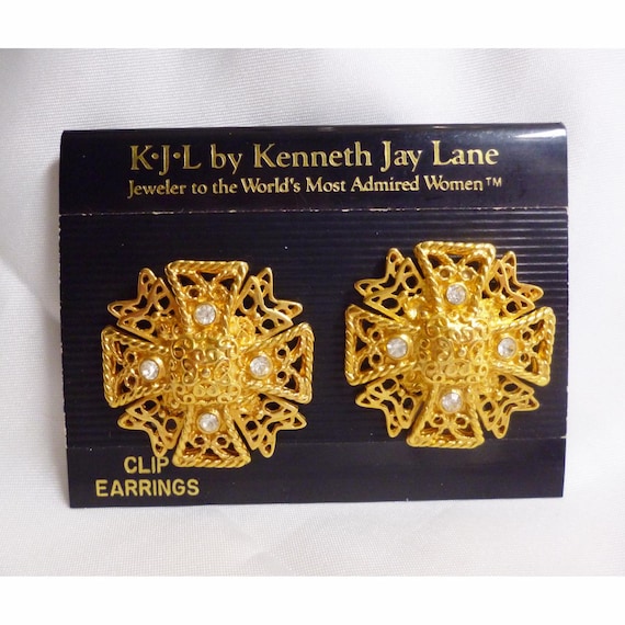 Kennth Jay Lane Maltese Cross Clip Earrings Gold Plate W