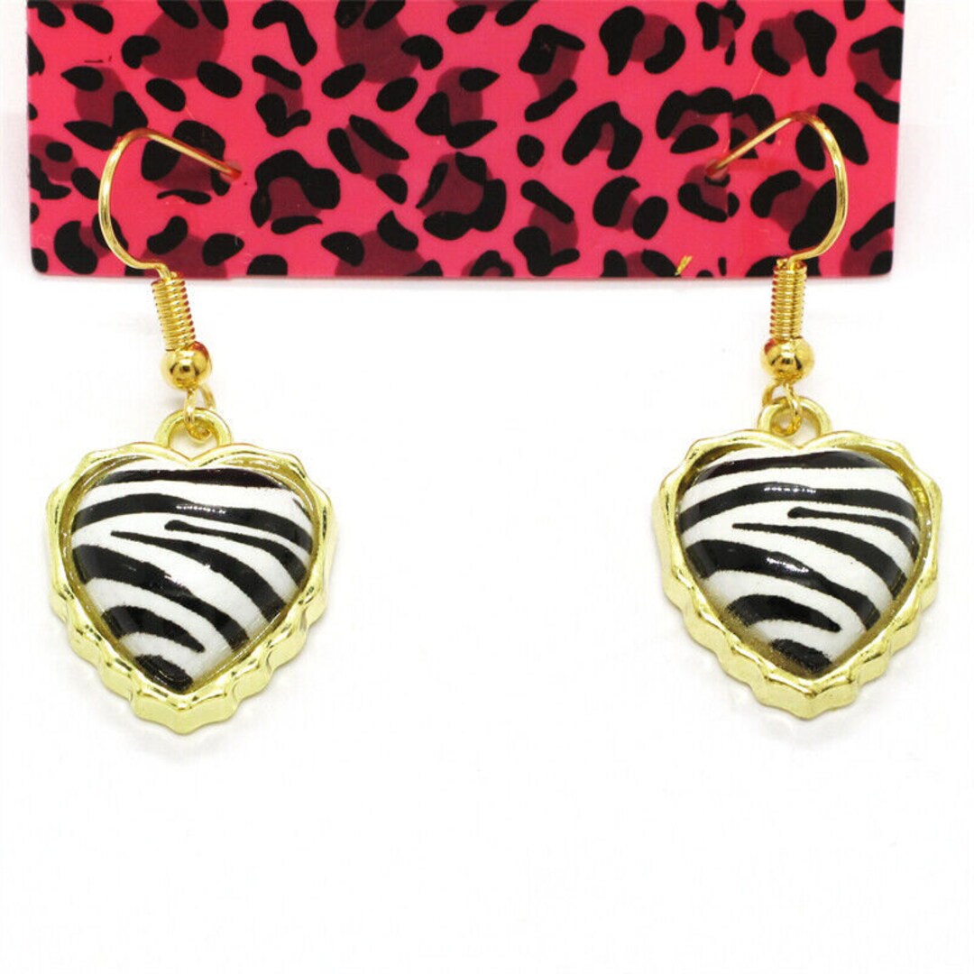 Betsey Johnson Zebra Earrings Heart Drop Animal Print Black & Etsy
