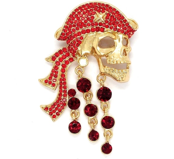 Betsey Johnson Pirate Skull Necklace Red Sparkly … - image 2