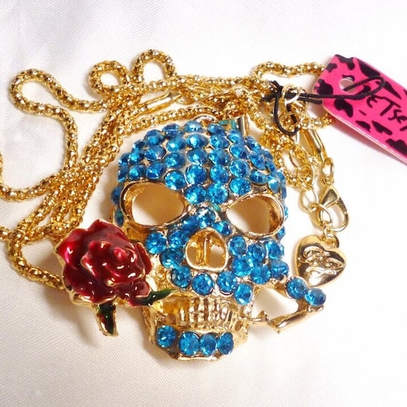 Betsey Johnson Sugar Skull Necklace Red Rose in Mo
