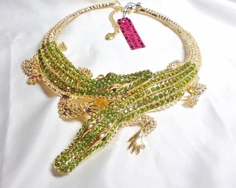 RARE Betsey Johnson Huge Alligator Necklace Choker Green Crystals Statement Piece Gold Plated 15" - 18" NOS NWT Perfect Cond Free Ship M1375