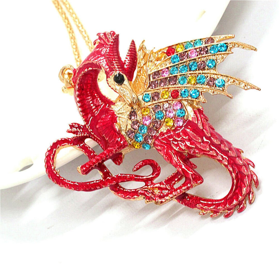 Betsey Johnson Dragon Necklace Pendant Red Enamel & Rainbow Crystals