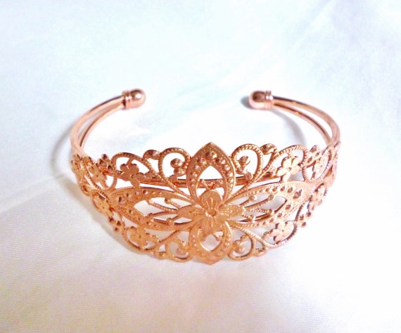 Rose Gold Plated Victorian Style Cuff Bracelet Fl… - image 2