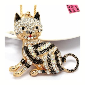 Betsey Johnson Cat Necklace/Pin Brooch Tabby Striped Black Enamel, AB Crystals & Gold Plate NOS NWT Perfect Cond Free Shipping M1063