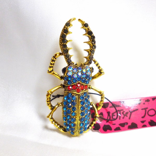 Betsey Johnson Stag Beetle Pin / Brooch Blue & Red Crystals Antiqued Gold Tone Insect Bug NOS NWT Perfect Cond FREE Ship M1470