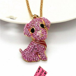 Betsey Johnson Pink Dog Puppy Necklace Crystals w/Red Scarf Collar NOS NWT Perfect Cond FREE Shipping M1202