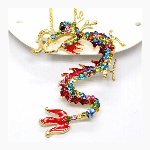 Betsey Johnson Dragon Necklace Rainbow Colored Cr… - image 1