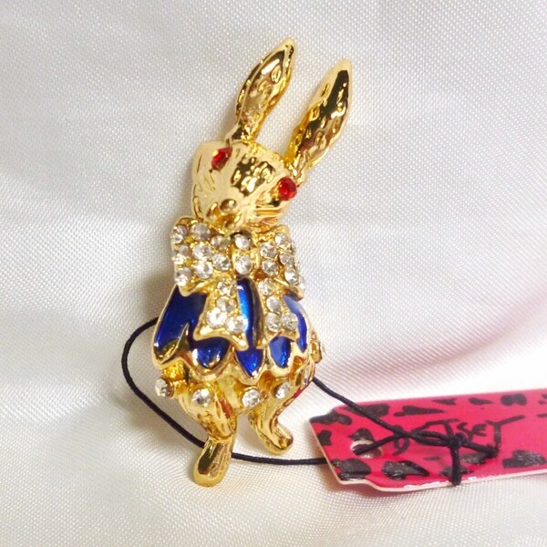 Betsey Johnson Bunny Rabbit Pin Sapphire Blue, Red & Clear Crystals Gold Platedl 1 3/4 NOS NWT Perfect Cond FREE Shipping M1335