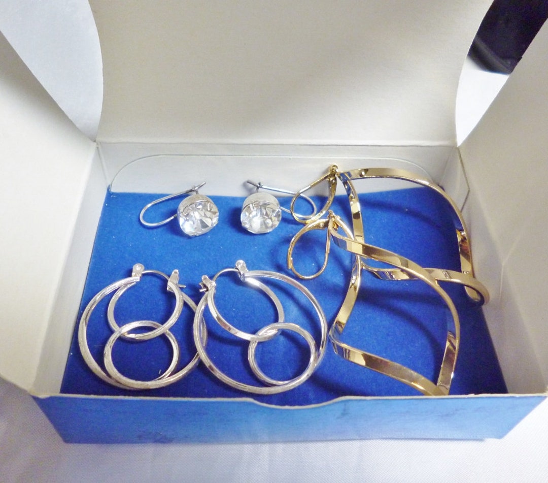 Avon Earring Set face It Square 3 Pairs Spirals, Hoops & Crystals