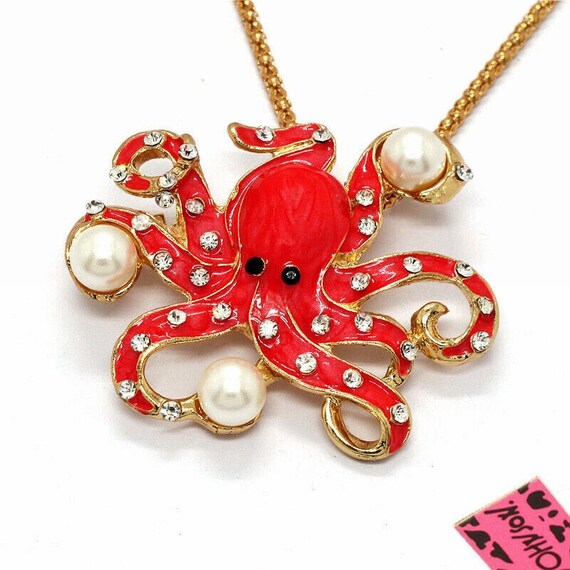 Betsey Johnson Octopus Necklace Red Enamel Faux Pearls Crystals