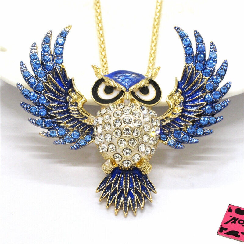 Betsey Johnson Owl Necklace Blue Crystals & Enamel NOS NWT Perfect Cond Free Shipping M1293