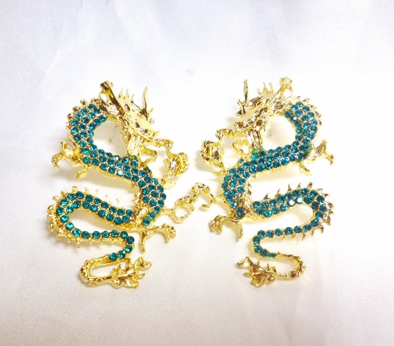 Betsey Johnson Dragon Earrings Teal Aqua Blue Cry… - image 3
