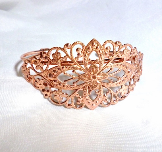 Rose Gold Plated Victorian Style Cuff Bracelet Fl… - image 3