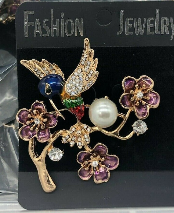 Flower Branch Fashion Pin with Crystals and Simulated Pearls Flower Branch Fashion Pin with Crystals and Simulated Pearls