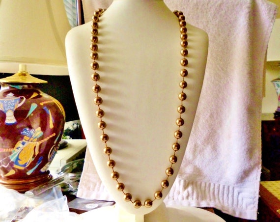 Necklace Bronze Tone Brown Beads Faux Pearls Vint… - image 1